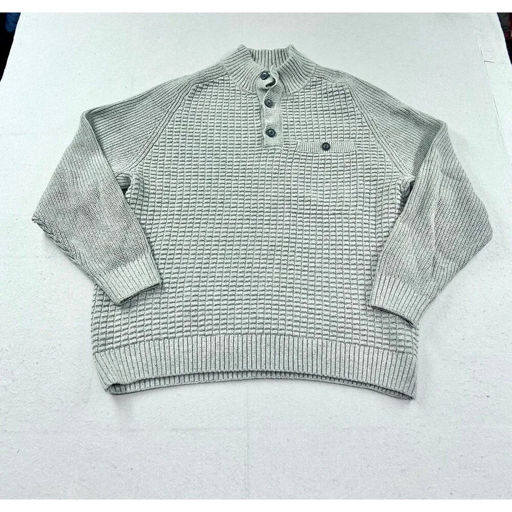 Duluth Burly Retirement Button Mock Sweater Men's Gray Pullover Heavy Waffle
